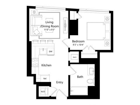 a floor plan of an apartment with a bedroom and a living room